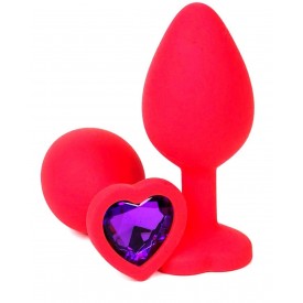 Красная силиконовая анальная пробка с фиолетовым стразом-сердцем - 8 см.